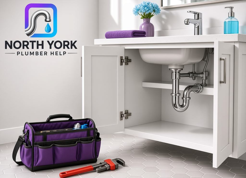 Bathroom vanity with open cabinet doors showing the pipes, and a tool bag
